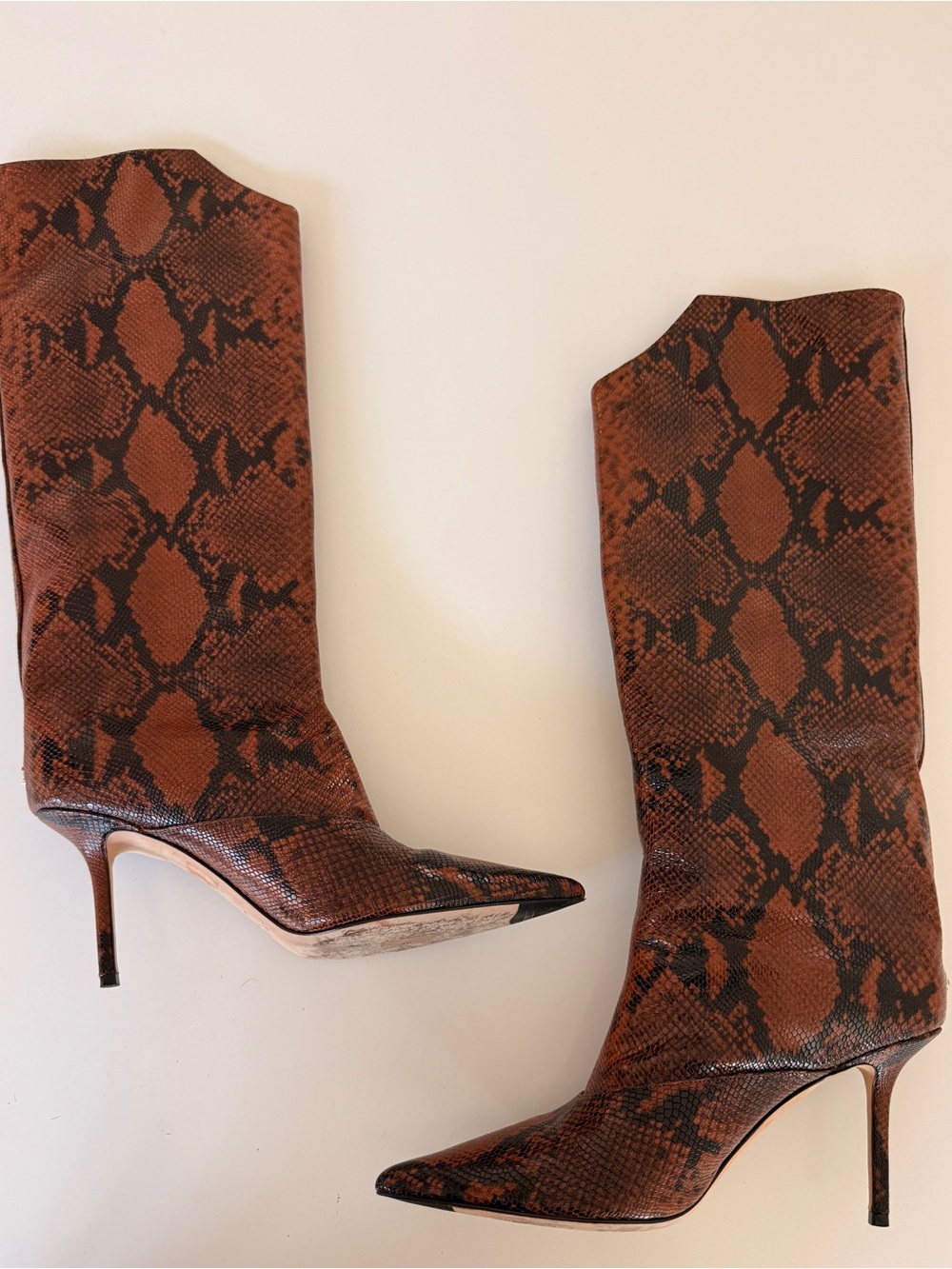 Jimmy Choo Brown Brelan 85 Snake-Effect Pointed Toe Mid-Calf Heeled Boots